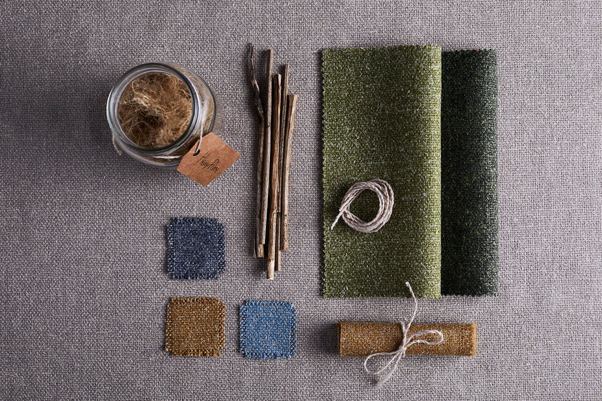 A flatlay featuring the ingredients of our Wool Hemp fabric.